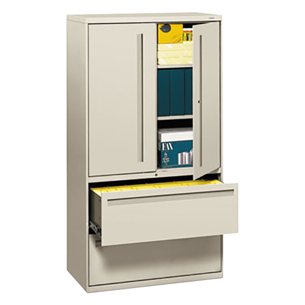 HON 785LSQ 700 Series Light Gray Storage Cabinet with Two Lateral Filing Drawers - 36" x 19 1/4" x 67"