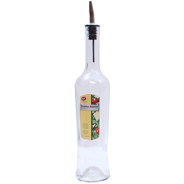 A Tablecraft clear glass bottle with a stainless steel pourer.