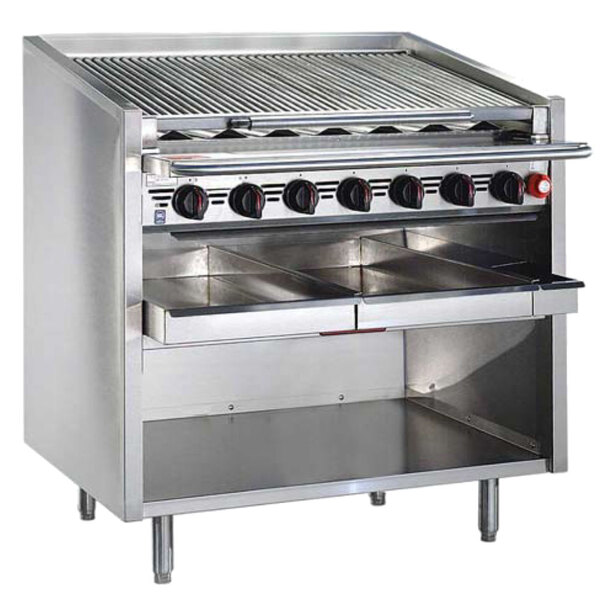 A MagiKitch'n stainless steel counter top charbroiler with metal radiant surfaces and knobs.