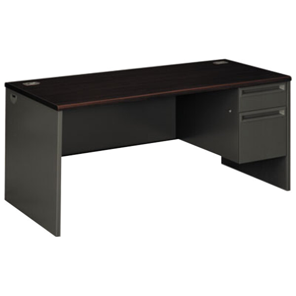 A mahogany and charcoal metal desk with a right pedestal drawer.
