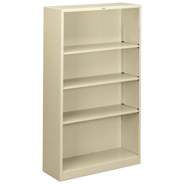 A white metal bookcase with four shelves.