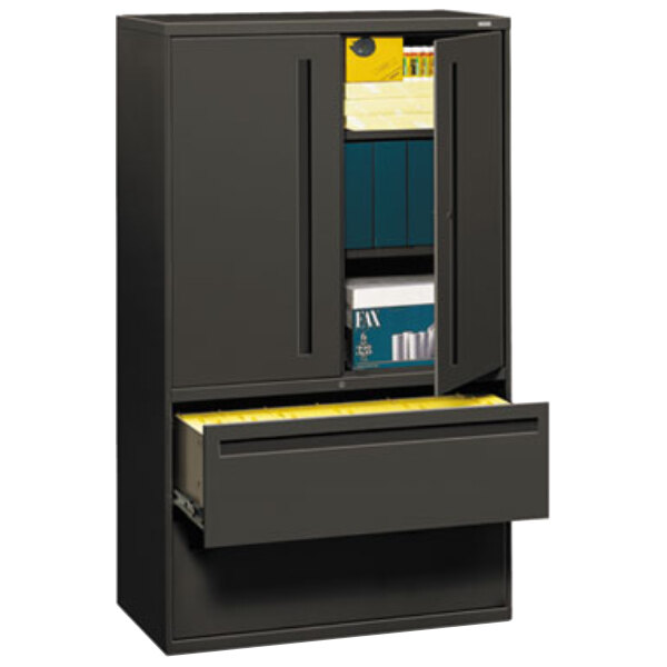A black filing cabinet with two lateral drawers.