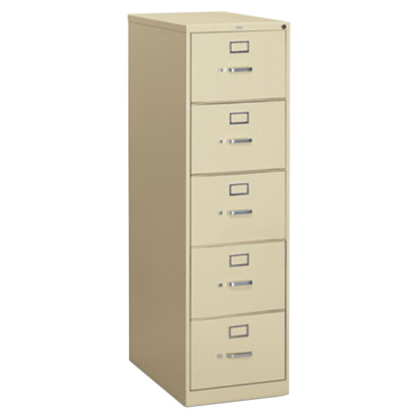 A HON 310 Series five drawer filing cabinet with open drawers.
