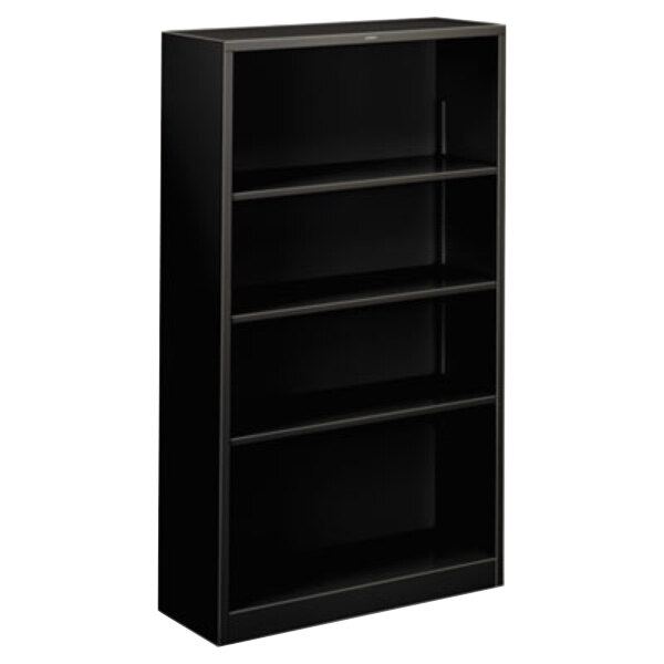 A black HON metal bookcase with four shelves.