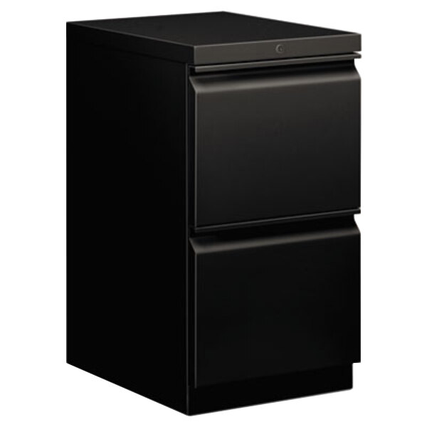 A black rectangular HON Brigade mobile pedestal filing cabinet with two drawers.