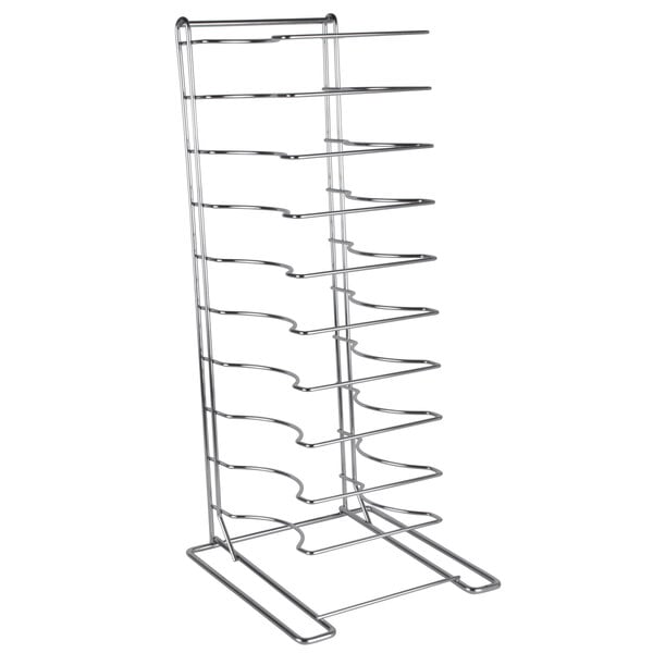 An American Metalcraft pizza pan rack with 11 curved metal slots.