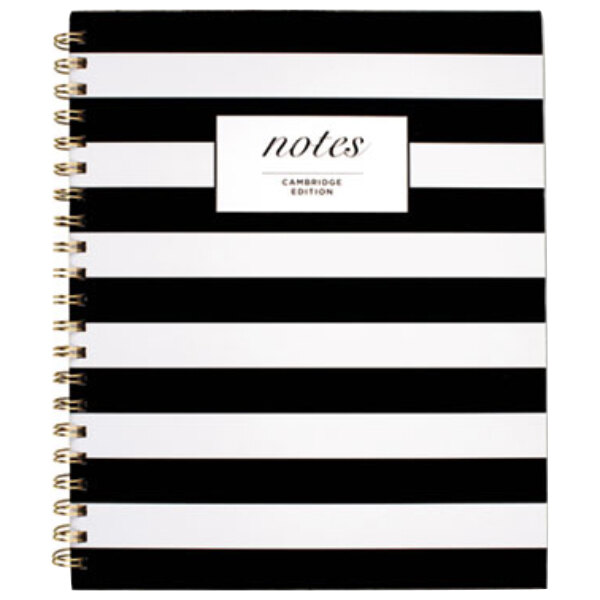 A white rectangular notebook with black and white striped border.