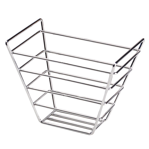 A Clipper Mill chrome plated metal square basket with four rows of wire shelves.