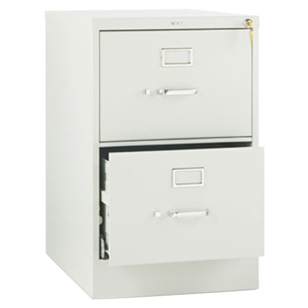 A light gray HON 510 Series filing cabinet with two drawers.