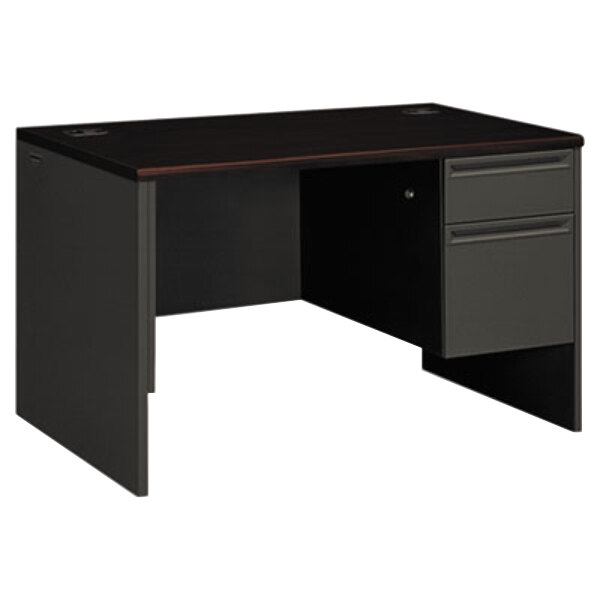 HON 38251NS 38000 Series 48" x 30" x 29 1/2" Mahogany / Charcoal Metal 3/4 Height Right Pedestal Desk