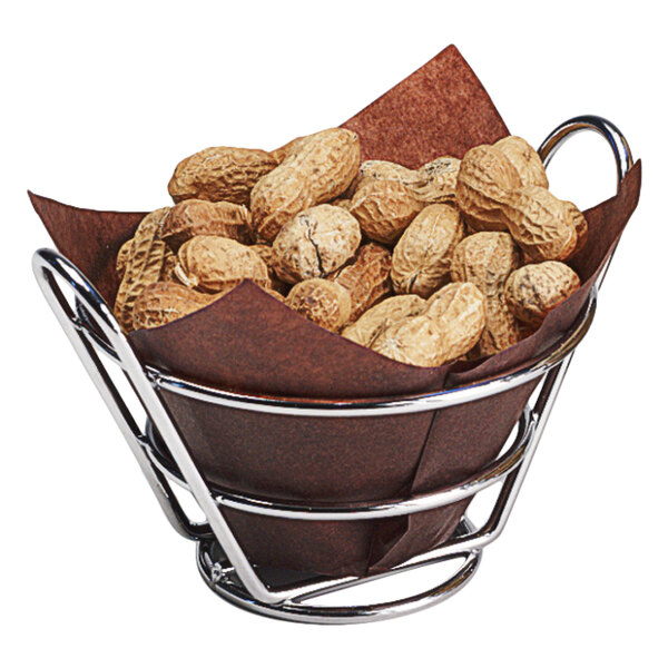A Clipper Mill chrome plated metal round bucket basket filled with peanuts.
