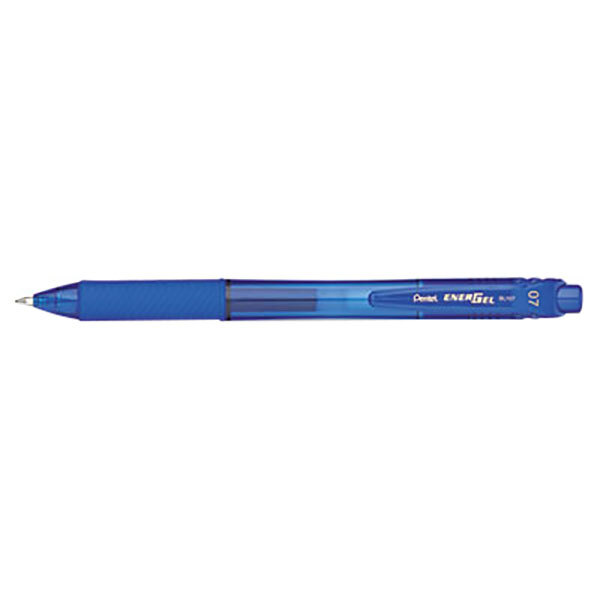 A blue Pentel EnerGel-X retractable roller gel pen with a blue barrel and black tip.
