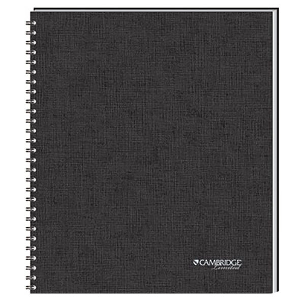 A close-up of a black Cambridge 1 subject linen covered spiral notebook.