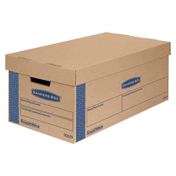 Banker's Box 006590 SmoothMove Prime 24" x 12" x 10" Kraft / Blue Small Moving Box with Lift Lid   - 8/Case