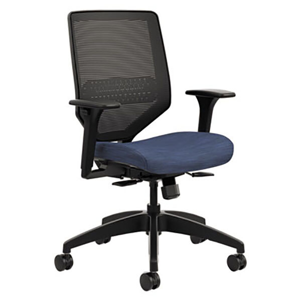A black office chair with a blue mesh back and seat on casters.