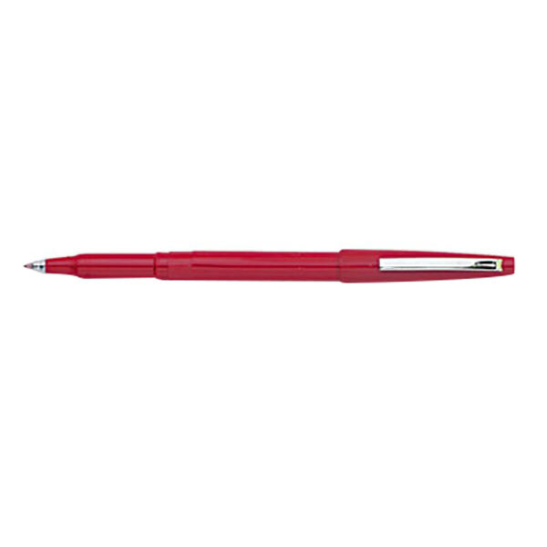 A red Pentel R100B rolling ball pen with a silver tip.