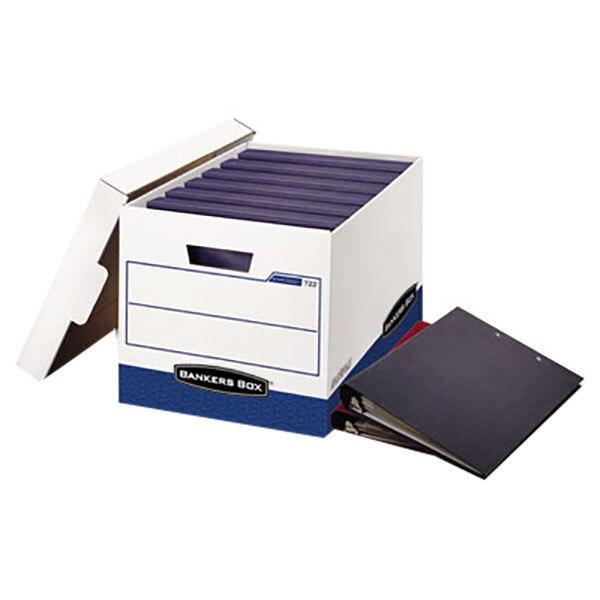 A white Fellowes binder storage box with blue and white folders inside.