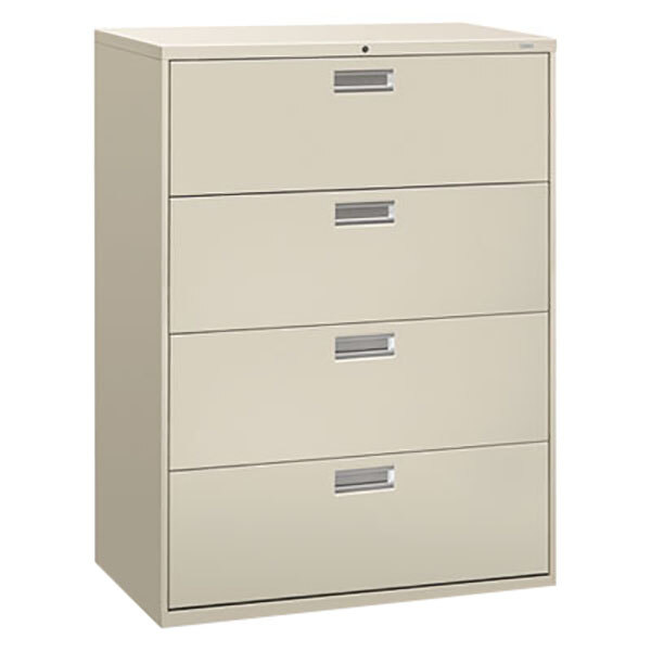 A light gray HON 600 Series lateral filing cabinet with four drawers and silver handles on a white background.