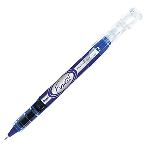 A blue Pentel Finito! pen with a clear cap.