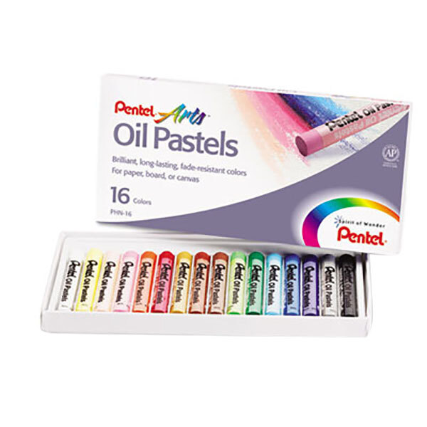 A box of Pentel oil pastels in 16 colors.