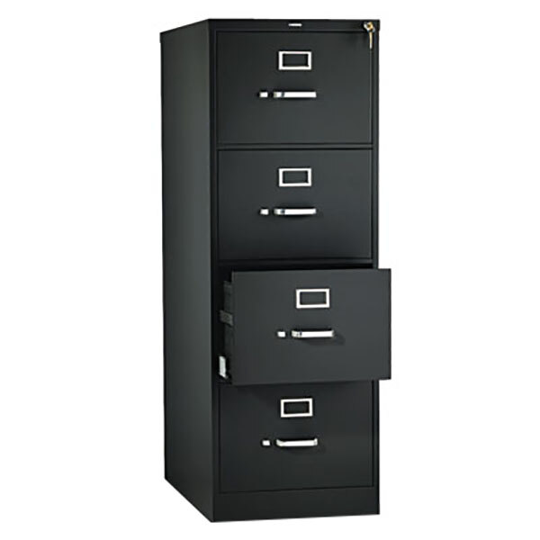 A black filing cabinet with four drawers and silver handles.