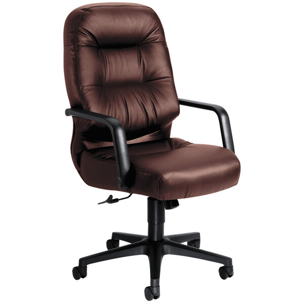 A burgundy leather office chair with arms.
