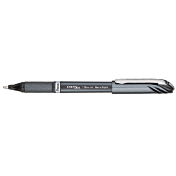 A close-up of a Pentel EnerGel pen with a black and silver tip.