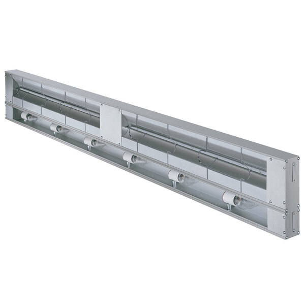 A long rectangular Hatco infrared warmer with lights on a metal shelf.
