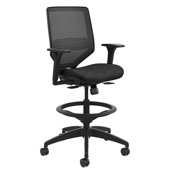 HON HONSVSM1ALC10T Solve Series Black Mesh Back Task Stool with Arms and Padded Seat