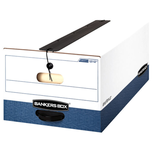 A white box with blue and black text and a black handle.