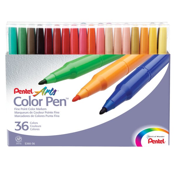 A colorful box of Pentel Arts 36-color markers.