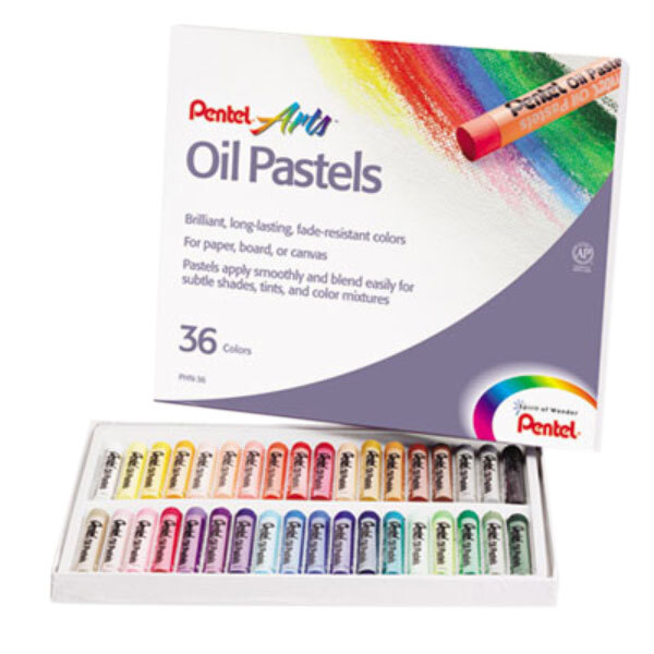 A box of colorful oil pastels with a logo on the front.