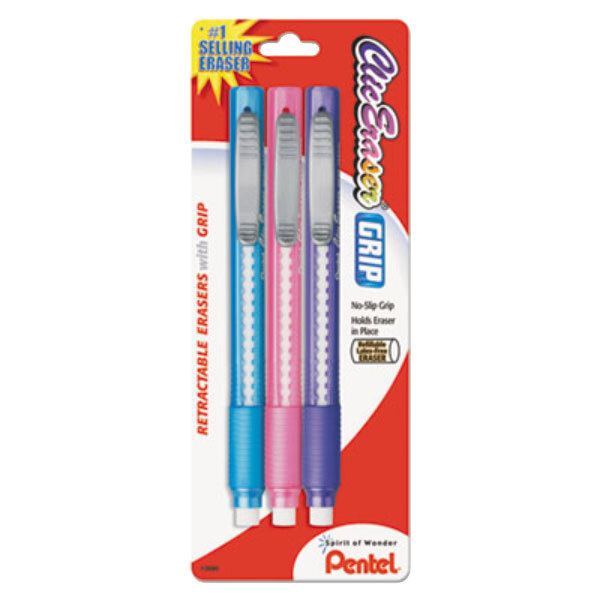 Pentel ZE21TBP3M Clic Eraser Assorted Barrel Color Pencil-Style Grip Eraser - 3/Pack