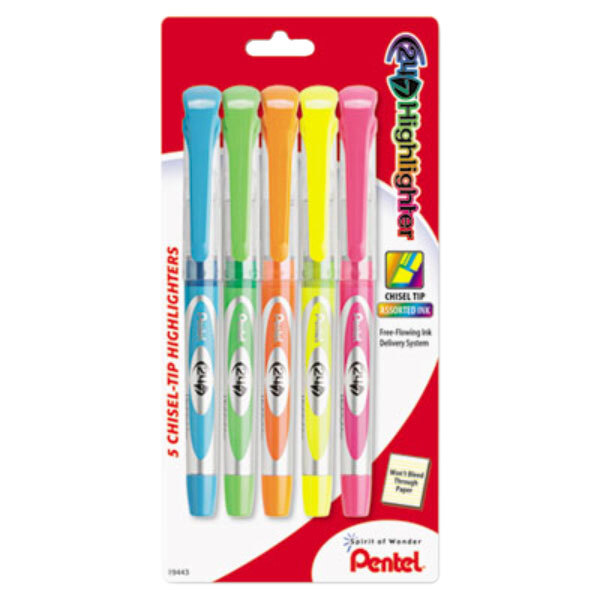 A set of Pentel 24/7 chisel tip highlighters in assorted colors.