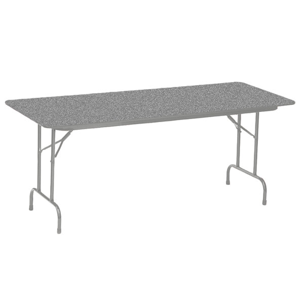 A gray rectangular Correll folding table with a metal frame.
