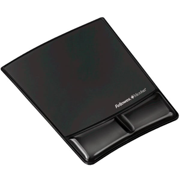 A black Fellowes mouse pad with gel wrist support.