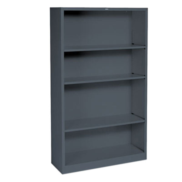 A HON charcoal metal bookcase with four shelves.