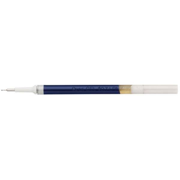 A blue and white Pentel EnerGel pen refill with a gold tip.