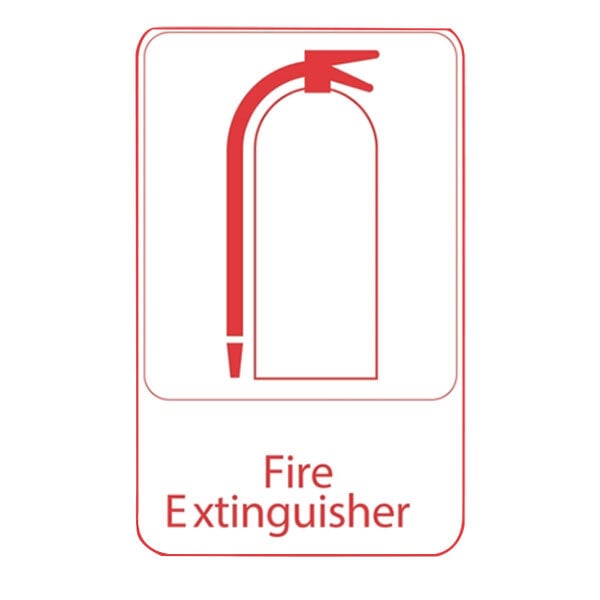 A white rectangular sign with white and red text reading "Fire Extinguisher" above a red fire extinguisher icon.