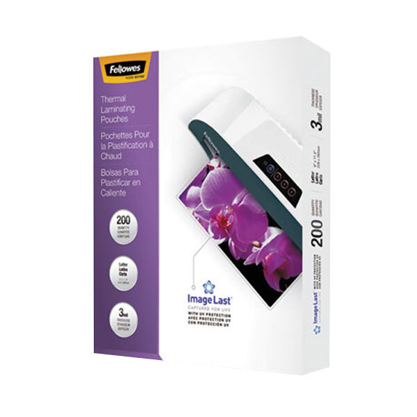 A package of Fellowes thermal lamination pouches with a purple and white label with black text.
