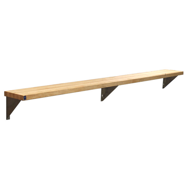 A wooden shelf with two metal drop brackets.