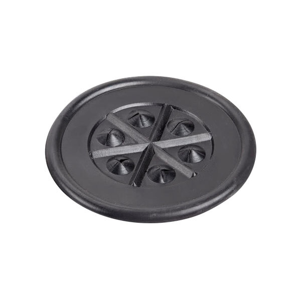 A black circular Vollrath Traex Batter Boss diffuser with six holes.