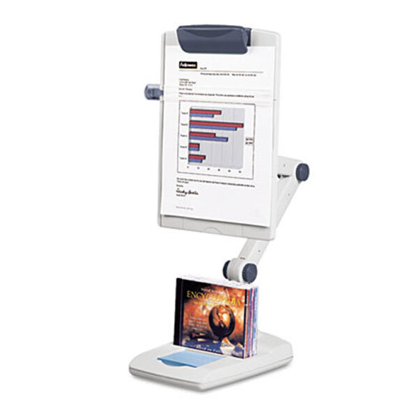 A white Fellowes Flex Arm Copyholder holding a white paper with a graph on it.