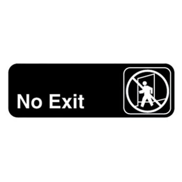 A black sign with a white silhouette of a person walking through a door.