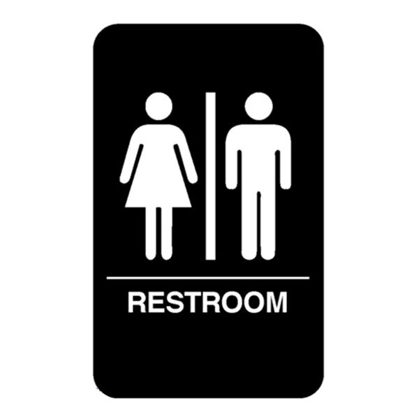 A black and white Vollrath restroom sign with a man and woman symbol and white letters.
