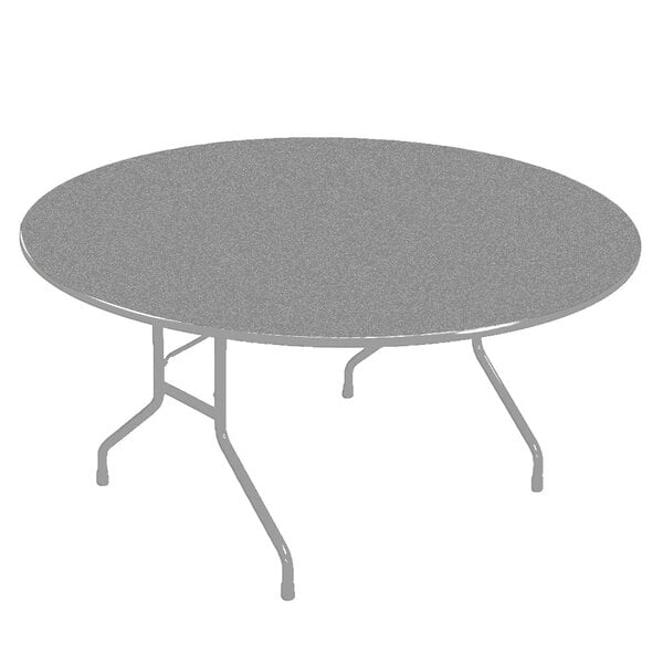 A round gray Correll folding table with metal legs.