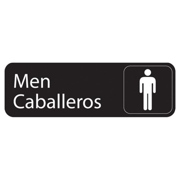 A black and white Vollrath men's and caballeros restroom sign with white text and a white figure on a black background.