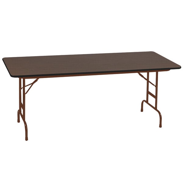 A rectangular Correll folding table with a brown top and metal frame.