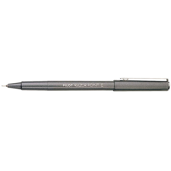 A close-up of a Pilot Razor Point II pen with black and silver details.