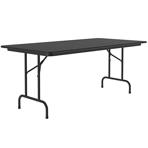 A rectangular black Correll folding table with black legs.